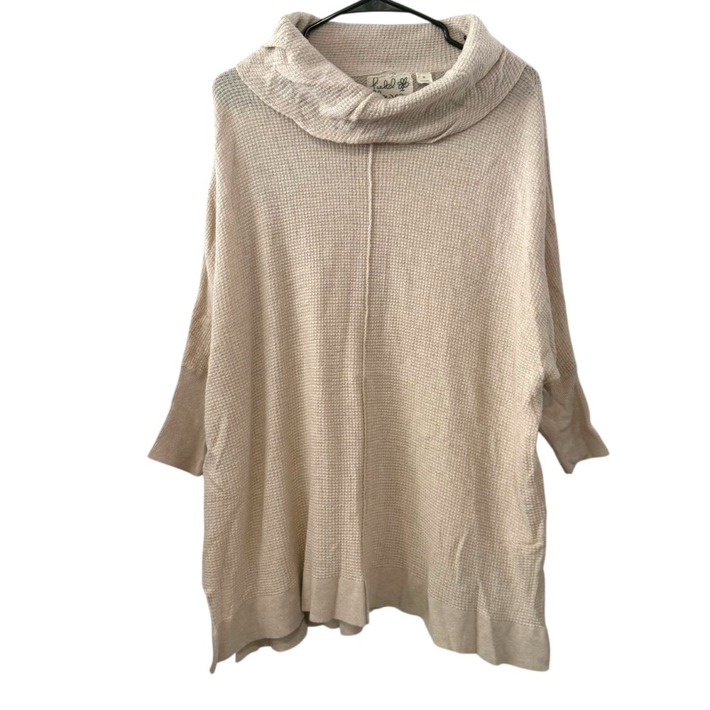 Field Flower Medium Oversized Waffle Knit Cowl Neck Beige Poncho Tunic Sweater